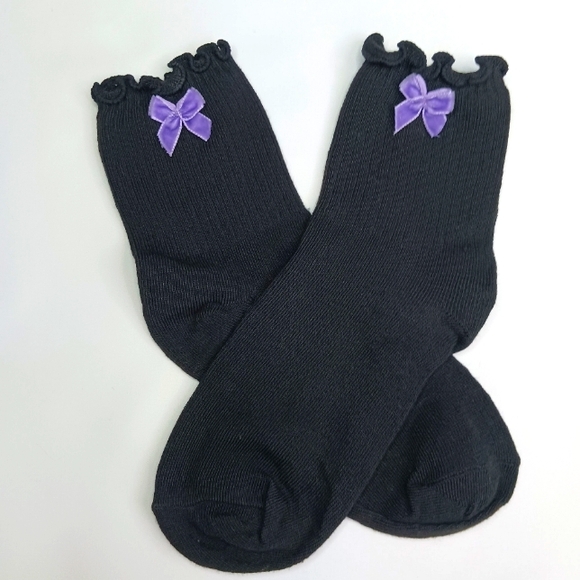 Black Lettuce Ruffle Crew Cut Socks with Purple Velvet Bow. - Picture 1 of 3